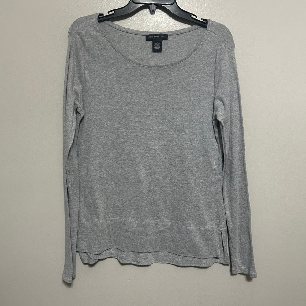 Joan Vass Shirt S Grey Long Sleeve Pima Cotton Scoop Neck Minimalist Soft Luxury